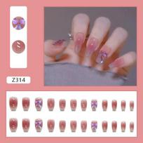 24 Pieces Short Ballet Wearable Nail Sticker Aurora Three-dimensional Shiny Color-changing Bow Ice Through Gradual Change Blush Nail Patch