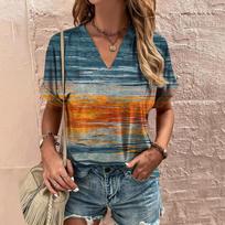 Fashion Mixed Color Soil Layer Printing Blouses Short Sleeve V-Neck T Shirts Casual XS mėlyna