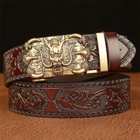 Fashion Men's Cowhide Belt Personality Faucet Retro Dragon Claw Automatic Buckle Leather Belt Pant Belt 125cm beige