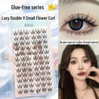 Lazy Eyelashes: Small Flower Curl, Double V, Thick, Natural-Look, Black Thin Stem False Eyelashes.