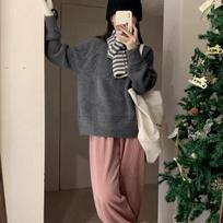 Retro Round Neck Pullovers Knitted Sweater for Women Autumn and Winter New Loose Casual Women's Sweaters Tops Elegant Solid Simple Ladies Jumper 25641 One Size pilka spalva