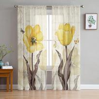 Vintage Flowers Butterflies Yellow Tulips Sheer Curtains for Living Room Decoration Window Curtains Kitchen Tulle Voile Curtains W135 x H115cm x1 white