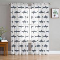 Cartoon Shark Sea Grey Sheer Curtains for Living Room Decoration Window Curtains for Kitchen Tulle Voile Organza Curtains W135 x H115cm x1