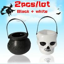 2Pcs/Lot  Black+White Plastic Candy Jar Skull Witch Cauldron Candy Kettle Halloween Party Hanging Pro