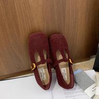 Women's Felt Mary Janes Shoes Square Toe Ballet Flats for Female New Fashion Buckle Strap Ladies Shoes Spring Autumn 35 vyno raudonos spalvos