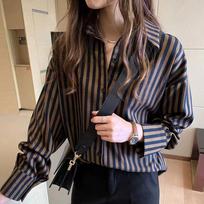 Women's Striped Plus Size Lazy Style Shirt Spring and Autumn Casual Versatile Long Sleeved BF Style Shirt S
