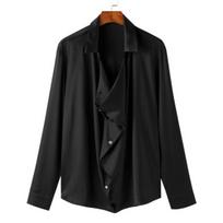 Men Party Shirt Baggy Front Design Satin Thin French Style Solid Color Lapel Loose Long Sleeve Club Shirt Single-breasted Daily Top M juoda