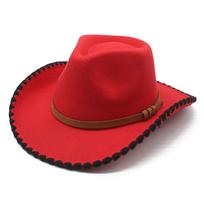 Wool Crimped Cowboy Hat European And American Men And Women Hemming Personalized Jazz Top Hat Felt Hat Retro Top Hat M（56-58cm） raudona
