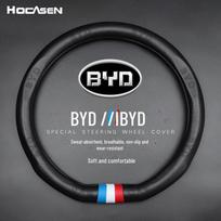 BYD Car Leather Steering Wheel Cover for Song Pro, Song MAX, Tang, Qin Pro, Han, Yuan, and Song PLUS Models. Regular model, D-type with three-color label raudona