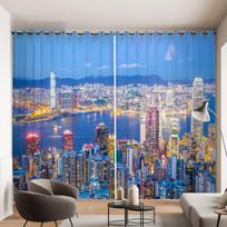 Hong Kong City Night View Curtain International City Photo Decoration Curtain Layout 3D Stereo Living Room Window Curtain 2PCS 2x50W100H(CM)&Grommet Top