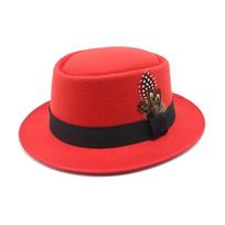 Hat Female British Retro Fashion Versatile Jazz Hat Flat Top Tweed Feather French Top Hat M（56-58cm） raudona