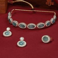 Turkio mėlyna katės akis Austrain Diamonds Stones Choker Kaklo papuošalas auskarų žiedų rinkinys moterims