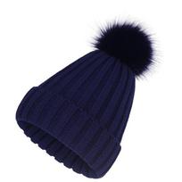 Women's Knitted Wool Hat with Faux Fur Pom-Pom for Autumn and Winter Navy. S/Children's (46-52cm) Single layer tamsiai mėlyna