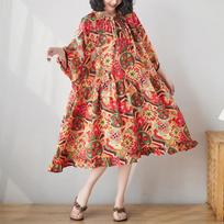 Niche Temperament Dress Summer Retro Floral Cotton and Linen Big Skirt one size