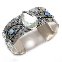 White Topaz, Opal Gemstone 925 Sterling Silver Cuff Bangle Adjustable q4A49
