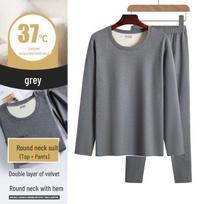 Men's Two-Color German Velvet Warm Suit: No-Pill V-Neck/Round Neck Top & Bottom Set for Autumn/Winter. 4XL (85-98kg) pilka spalva