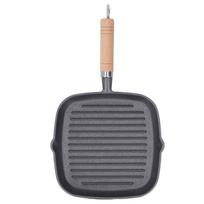 Grill Pan Multipurpose Prevents Stick Quadrate Cast Iron Steak Pan with Wooden Handle for Bacon L