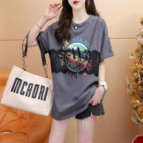 Women's Lazy Lace Stitching Round Neck Short-sleeved T-shirt Women's Summer Loose Slimming Top M tamsiai pilka spalva