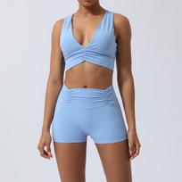Spring/Summer Nude Yoga Set: Sexy Back Sports Bra & Pleated Hip-Lift Capri Pants L (recommended 110-120 jin) dangaus mėlyna spalva