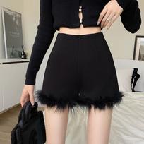 Women's High-Waisted Black Fur Shorts with Boots - 2023 Autumn/Winter A-Line Hot Pants S