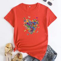 Summer Round Neck Love Butterfly Pattern Printed Top Fashionable Casual Short Sleeved Women's Pure Cotton T-shirts S oranžinė