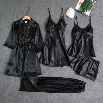 Ice Silk Robe Sleep Pajama Set Women's Ventilate Lace Satin Pajamas Gown V-Neck Casual Wear Home Nightwear Spring Sleepwear XXXL juoda