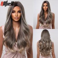 Ilgi juodi sintetiniai plaukai perukai su blondine kirpčiukai Natural Wave moterims Helovino Cosplay kostiumo perukas, atsparus karščiui vakarėliui Wig-LC2008-3 black