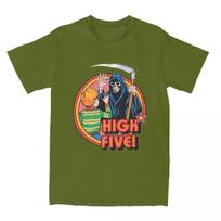 Humor High Five Death Grim Reaper Accessories T Shirt Nostalgia Darkness 70s 80s Dark Art Vintage Horror Crazy Pure Cotton Tee S armijos žalia spalva