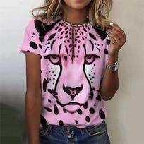 Summer Round Neck 3D Leopard Pattern Printed Top Fashionable Casual Short Sleeved Women's T-shirts XS
