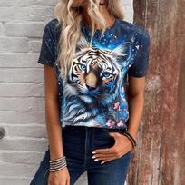 Summer Round Neck 3D Animal Tiger Pattern Printed Top Fashionable Casual Short Sleeved Women's T-shirts S