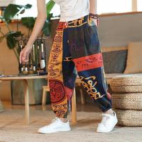 Men's Summer Cashew Flower Linen Wide-Leg Pants, Thai Style, Loose Fit, Trendy Cuffed Nine-Point Sports Pants 5XL: 200-225 Jin raudona