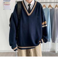 Men's V-Neck Japanese Retro Sweater - Autumn/Winter Loose Korean Style Trendy Color-Block Pullover. L tamsiai mėlyna spalva