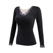 Women's German Velvet Deep V-Neck Lace Top - Seamless, Thickened, Long Sleeves, Plus Velvet, Winter Warm. M [80-95 lbs] juoda