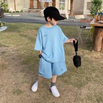 Summer Casual Boys Cotton Loose Alphabet T-shirt Tops+Short Pants Set Middle-aged Children's T-shirt, Five-point Pants, Casual Korean Two-piece Suit 150 mėlyna