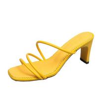 Yellow Green Summer Women Square Toe Sandals Ladies Snake Print Strappy Mules 6CM High Heels Slippers Female Fashion Woman Shoes 34 geltona
