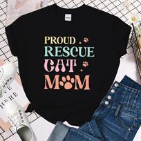(Premium T-shirt)Fashion Funny Proud Rescue Cat Mom Printed T-Shirts Women Summer Casual Short Sleeve T-Shirts Round Neck Tops M juoda
