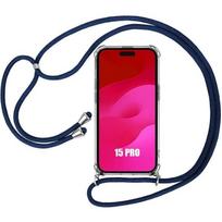 Coque Cordon pour iPhone 15 Pro - Protection Transparente Coin Renforcé avec Cordon Bleu Marine