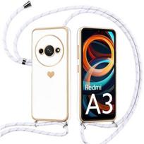 Coque - E.F.CONNECTION - Pour Xiaomi Redmi A3 - Protection Antichoc TPU - Motif Cœur - Cordon de Serrage Blanc