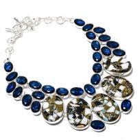 Zebra Jasper, Blue Topaz Handmade 925 Sterling Silver Gift Necklace 18  O3K75