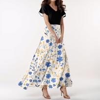 Women's Casual V-neck Short Sleeve High Waist Retro Flower Leaf Print Dress L smėlis