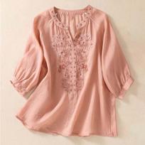 Women's Solid Color Three Quarter Sleeve Cotton And Linen Embroidered Retro Half Open Collar Top L
