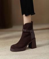 Close your eyes into thick-soled thick-heeled splicing short fashion boots for women's autumn and winter new rear zipper matte high-heeled short boots 35 ruda