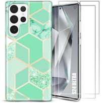 Case + 2 Tempered Glasses for Samsung Galaxy S24 Ultra, Slim Elegant Turquoise Marble Pattern Shockproof Case