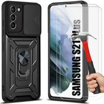 Protective Case - PROSHOP - for Samsung S21 Plus - Black - Shockproof - 360° Ring Stand - with 2 Tempered Glasses juoda