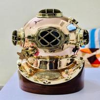 45.72cm Copper Brass Diving Helmet Mark V Wood Base
