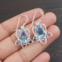 Sky Blue Topaz Gemstone Earring, 925 Sterling Silver Jewelry, Handmade Lavish Silver Earring Gift For Love 1.70 Inches mėlyna