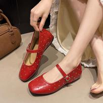 2025 spring new retro ballet shoes rivet square head flat sole single shoes one-word buckle inner height increase Mary Jane shoes 35 raudona
