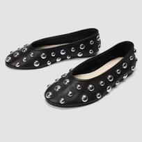 New women's black rivet leather ballet flat casual shoes flat heel round head single shoes 34 juoda