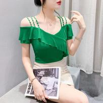 Off-Shoulder Ruffle V-Neck Beaded Mesh Slim Fit Short-Sleeve Top XL žalia