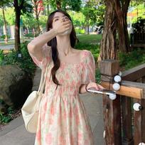 French Floral Chiffon Fairy Dress - Gentle Style, Short Sleeve 2025 L rožinė